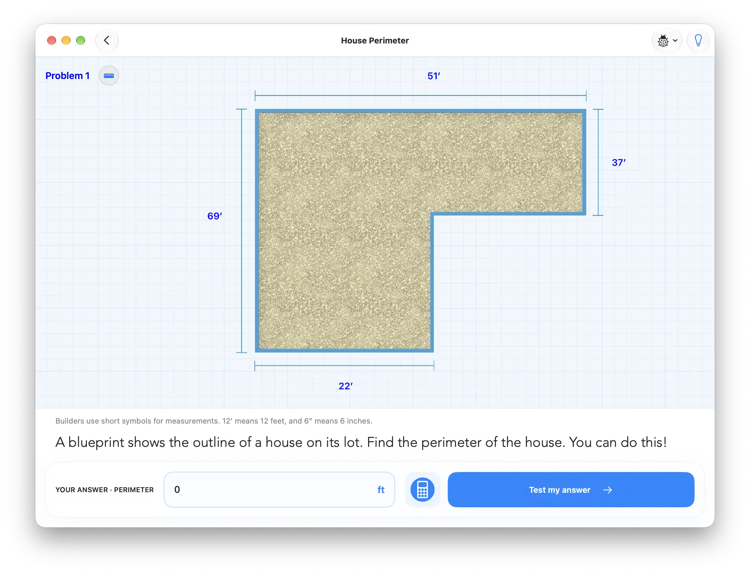 MathHouse perimeter problem with a labeled L-shaped blueprint and answer input.