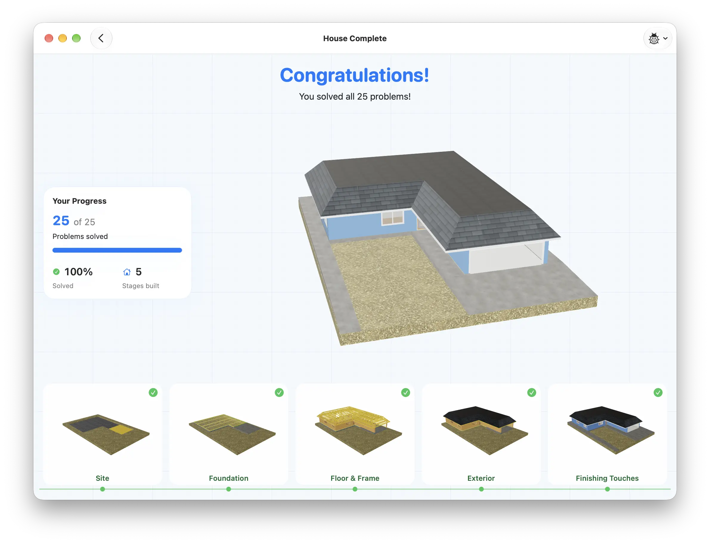 MathHouse completion screen with the finished blue house and all five stages.