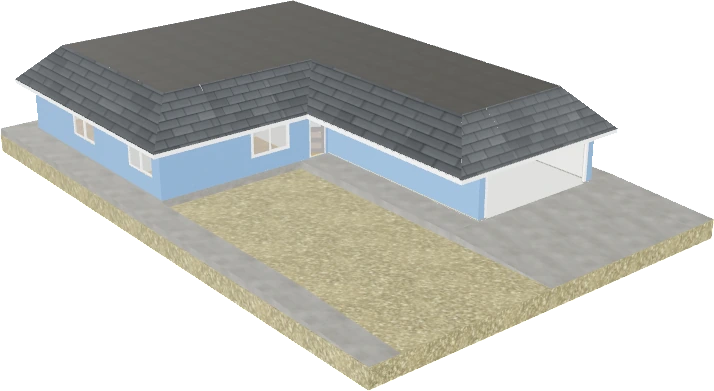 MathHouse completed model with blue walls, windows, a gray roof, and garage.